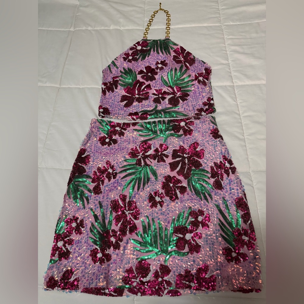 Rachel Zoe Tropical Sequin Halter & Mini Skirt Set